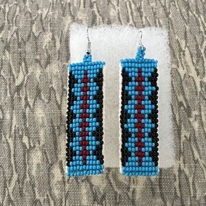 Indigenous Beaded Earrings - Turquoise, Black, and Red With Sterling Hooks